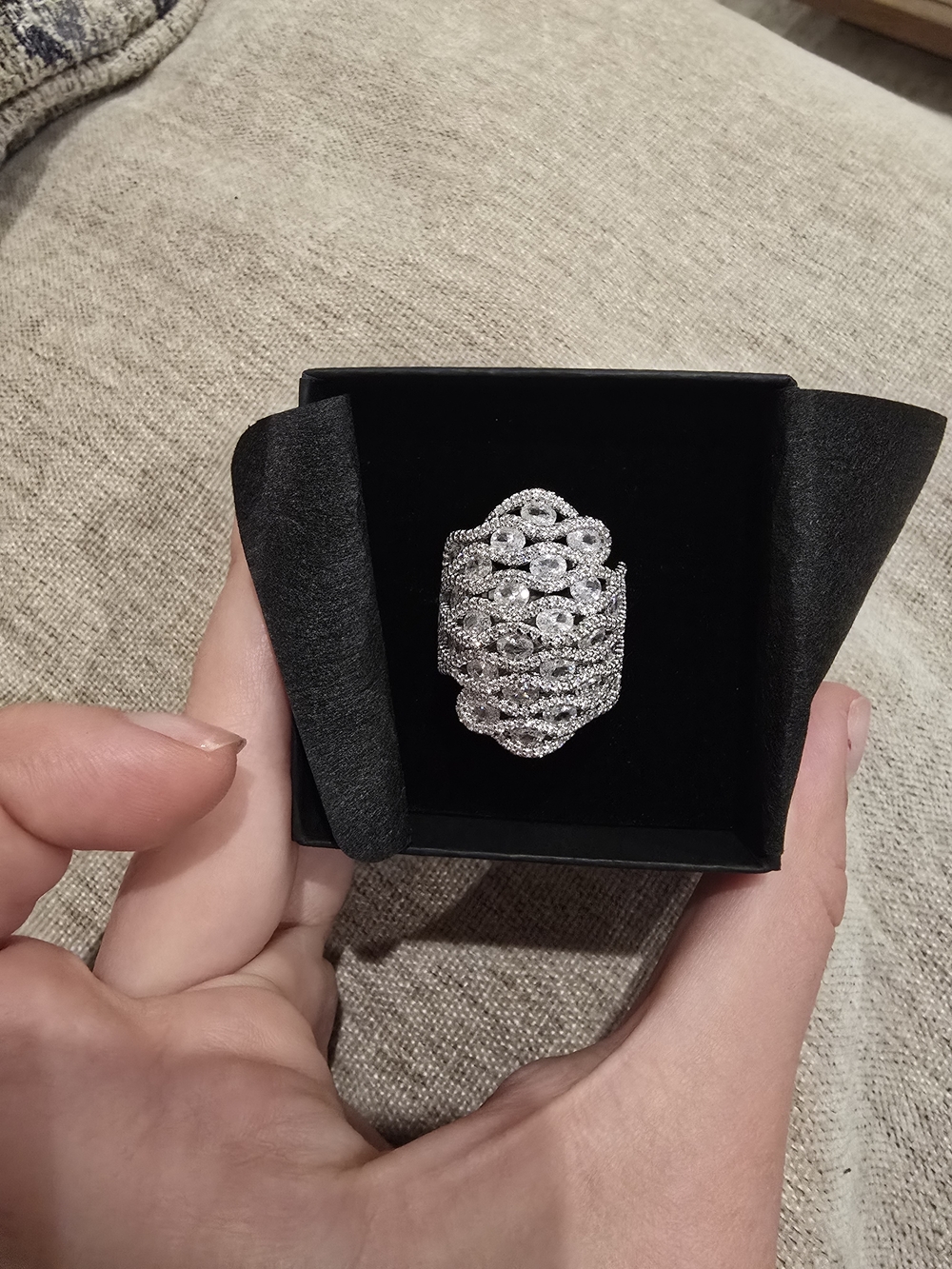 Silver Crystal Statement Cocktail Ring - Sparkling Silver Tone